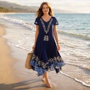 Sante Classics Navy Blue Embroidered Sequin Boho Handkerchief Hem Dress One Size